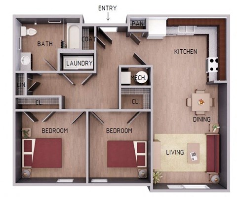 Floor plan for 2 beds, 1 bath, 900 sqft